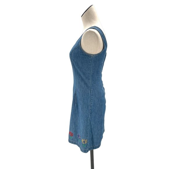 90s Denim Floral Embroidered Mini-Dress Small - Picture 6 of 9